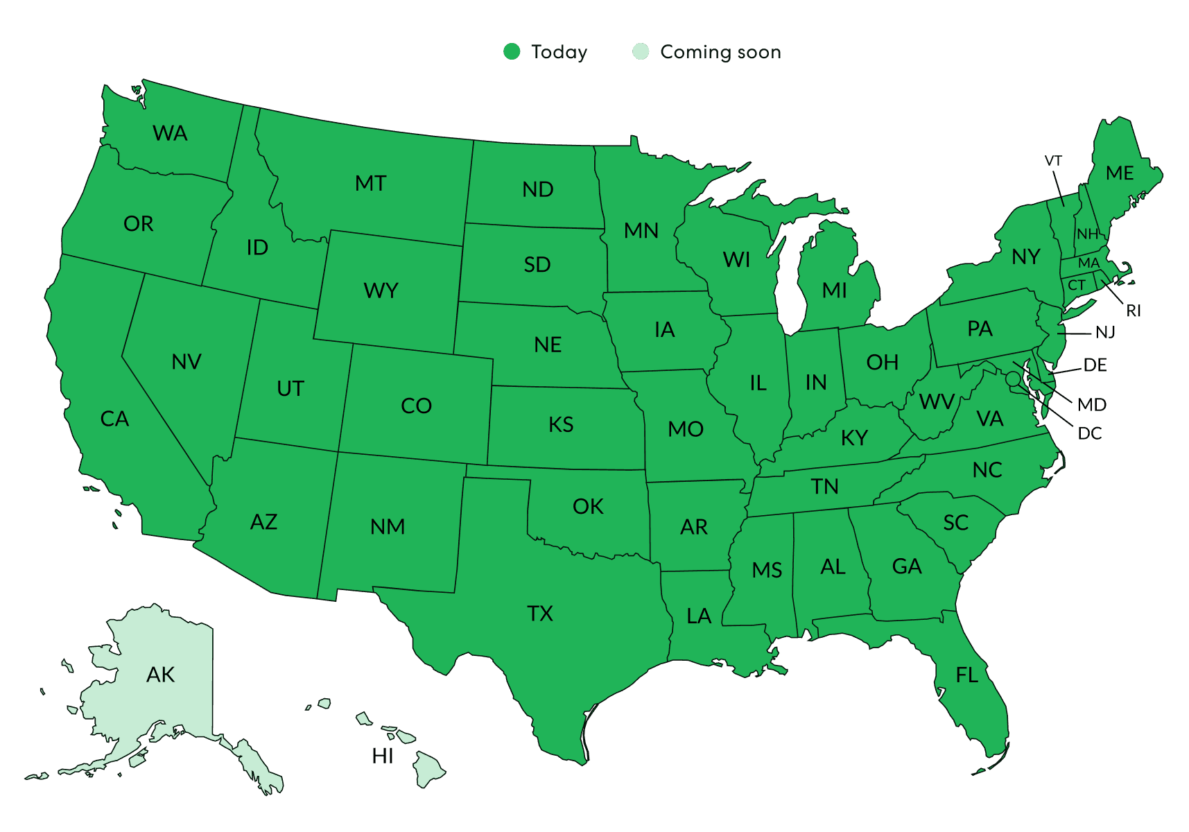 Map of states operates - 15 total