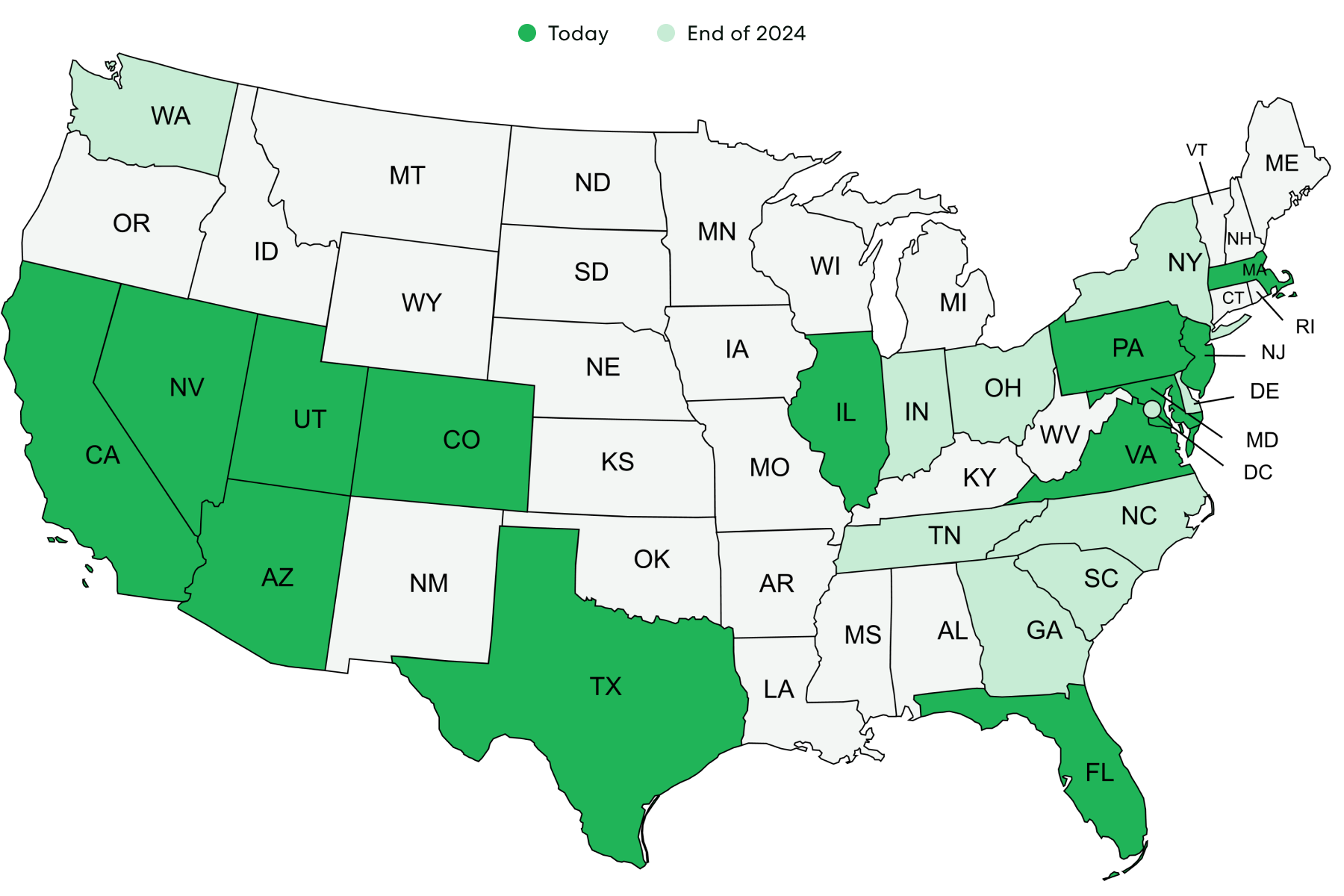 Map of states operates - 15 total